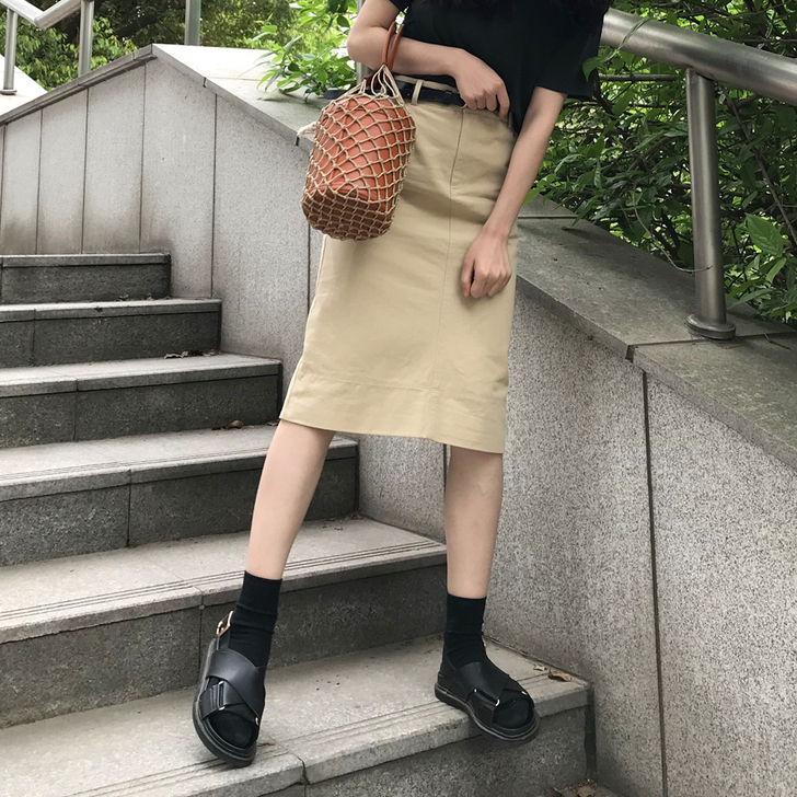 韩版简约百搭显瘦棉质中长款半身高腰铅笔裙