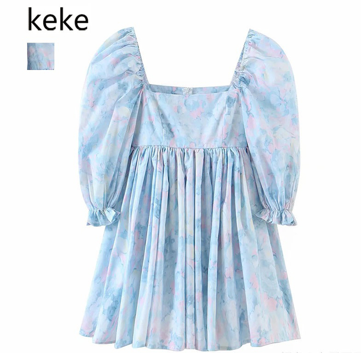 温柔风可甜可盐泡泡袖蓝色连衣裙女夏气质小个...