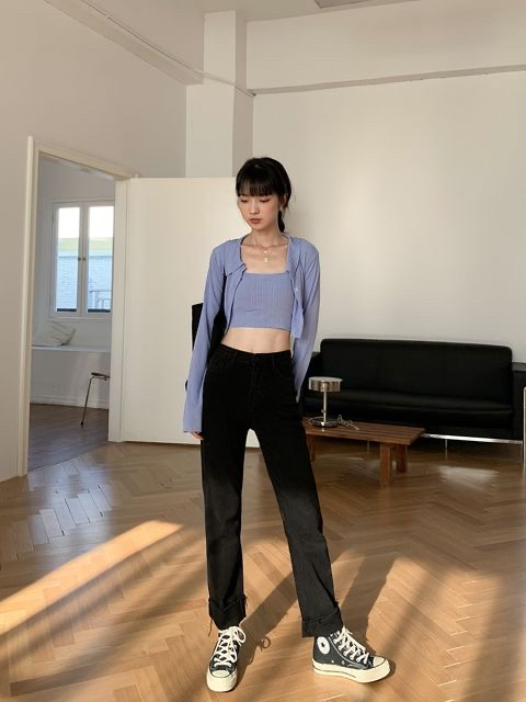 SEEKSlMPLE 黑色牛仔裤女春秋高腰...