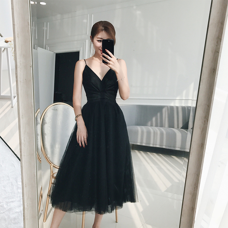 ByYou 夏季性感黑色V领连衣裙女气质收...