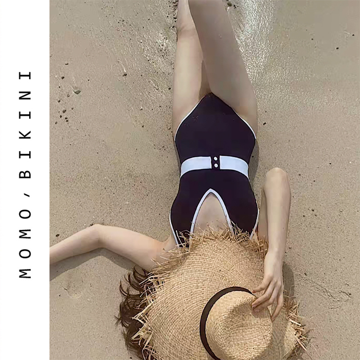 沫初见韩国性感黑色连体泳衣女士保守度假少女...