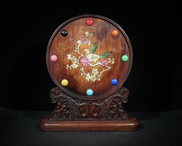 旧藏花梨木镶嵌贝壳宝石 双喜登梅 屏风