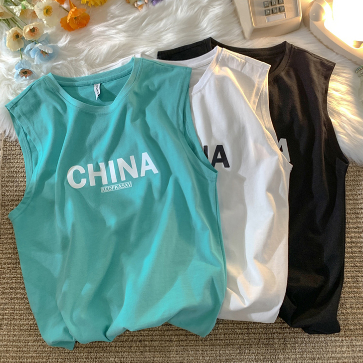 国潮无袖t恤女夏季宽松bf外穿球服运动背心...