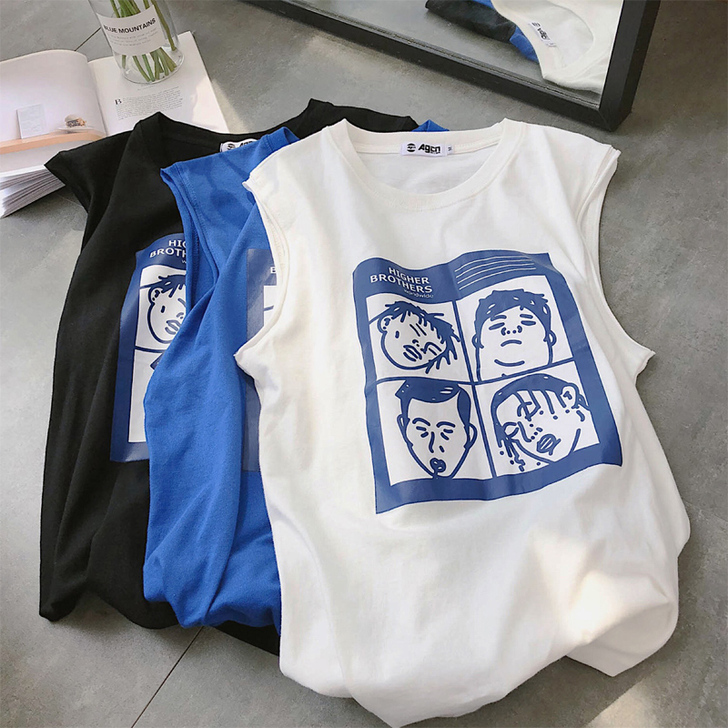 无袖t恤女ins潮宽松bf风嘻哈球服背心运...