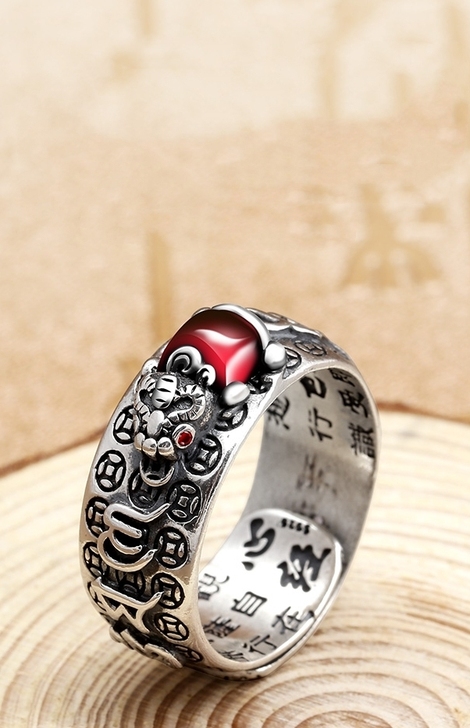 藏银貔貅六字真言戒指老藏银貔貅六字真言戒指