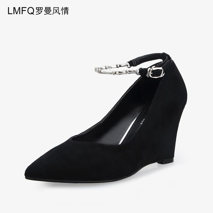 罗曼风情秋季新款女鞋一字扣带坡跟单鞋女尖#...