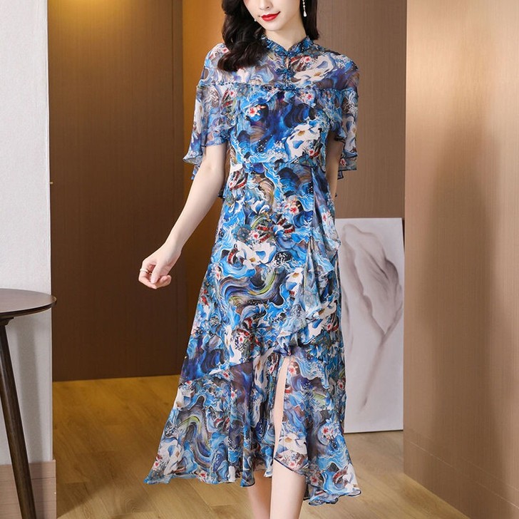 双绉真丝连衣裙女2021年夏装重磅桑蚕丝时...