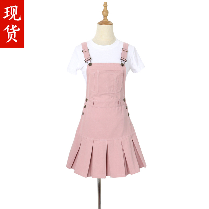粉色背带连衣裙 工装风