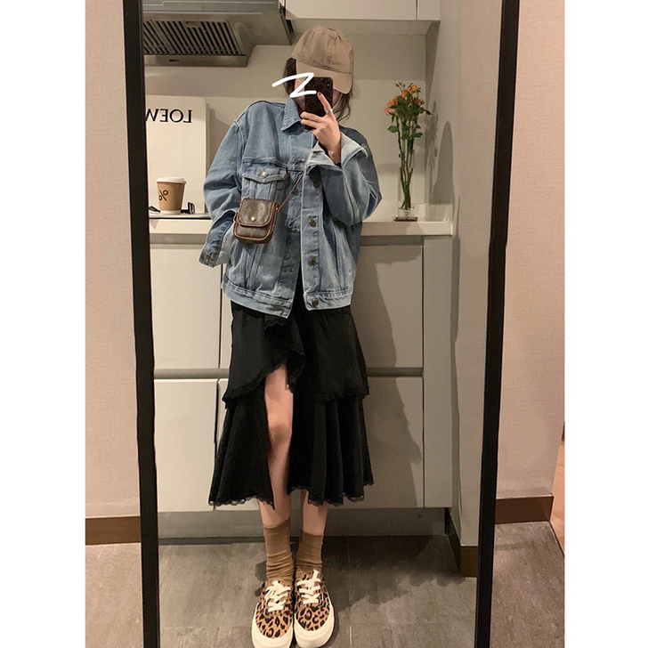 Halonini黑色蛋糕裙小心机开叉蕾丝边...