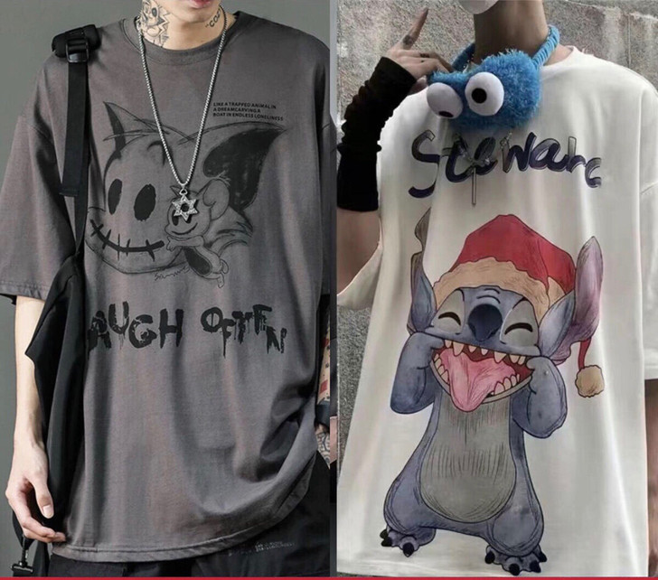 【两件】夏季ins港风宽松大码男T卡通短袖...