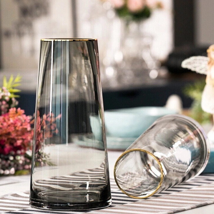 玻璃花瓶烟灰色描金边花瓶玻璃客厅干花鲜花富...