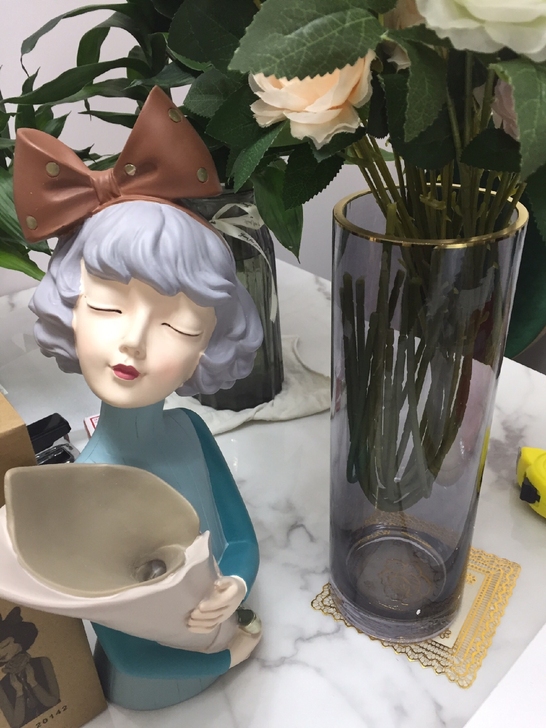 【全清】轻奢简约描金玻璃花瓶烟灰色客厅干花...