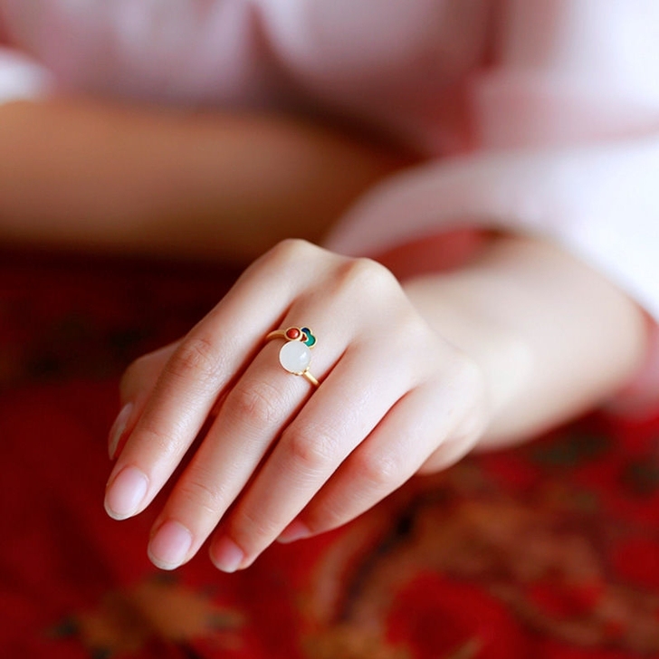 国潮925纯银开口戒天然玉珠珐琅工艺祥瑞祥...