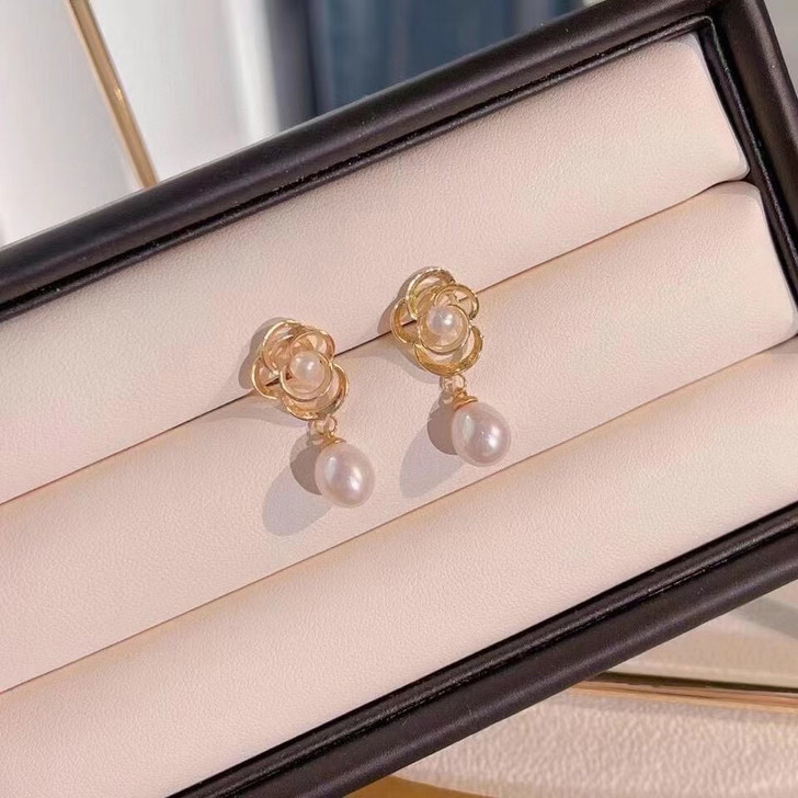 淡水珍珠水滴玫瑰花双珠耳针