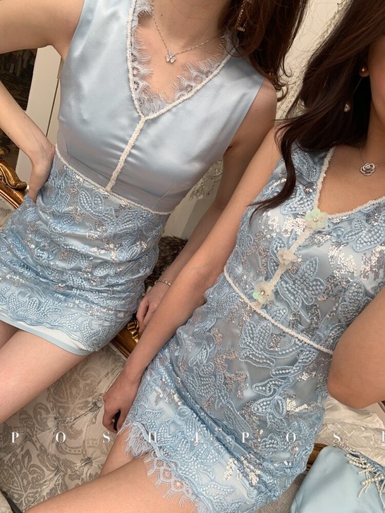 POSHE 很仙重工法式亮片手工花朵缎面奢...