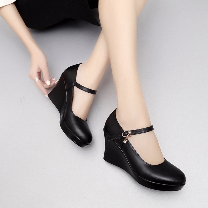黑色坡跟鞋女厚底高跟真皮圆头浅口一字扣单鞋...