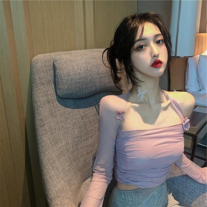 一字肩温柔紫色网纱防晒t恤女夏季长袖202...