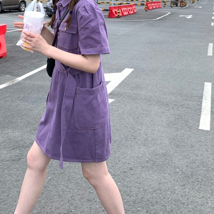 eggsshop 工装裙连衣裙牛仔连衣裙紫...