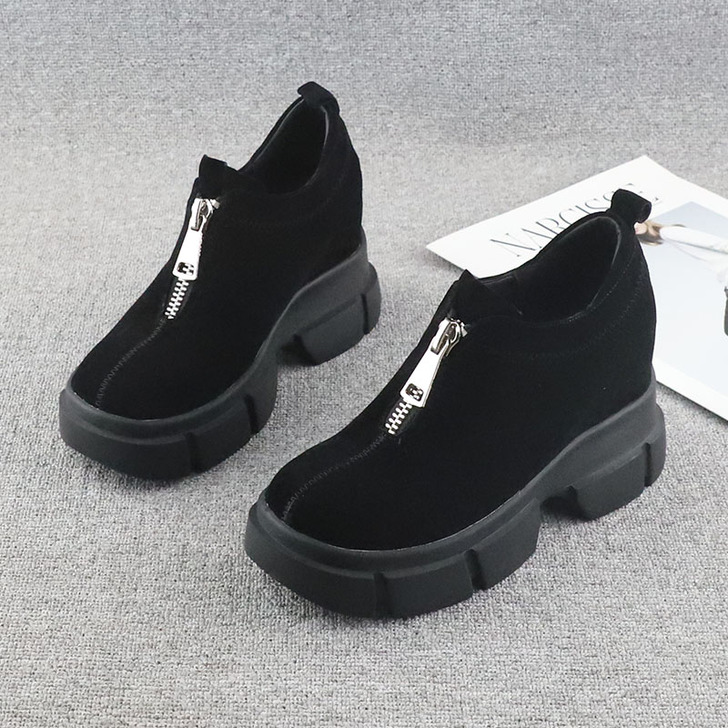 坡跟单鞋女2021春季新款磨砂真皮厚底松糕...