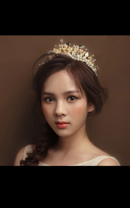 巴洛克金色树叶新娘复古手工串珠皇冠头饰结婚...