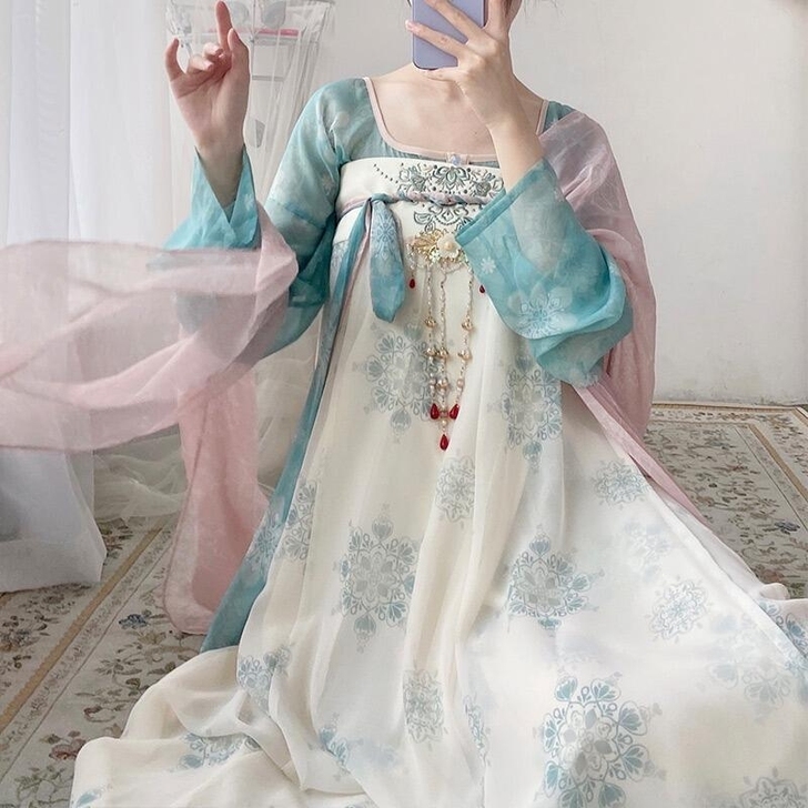 茉雅原创天水碧唐风刺绣款齐胸汉服女一片式破...