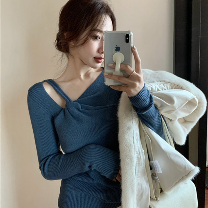 秋冬2020新款设计感小众缕空露肩羊毛绒针...