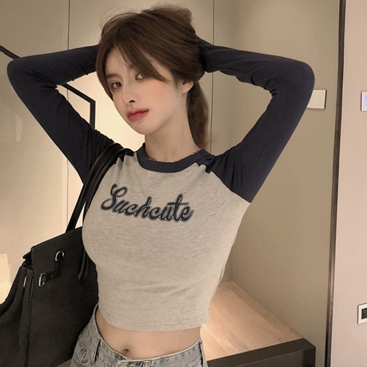 2021年秋装新款撞色插肩印花长袖圆领T恤...