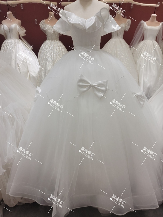 一字肩星空主婚纱2021新款新娘法式复古赫...