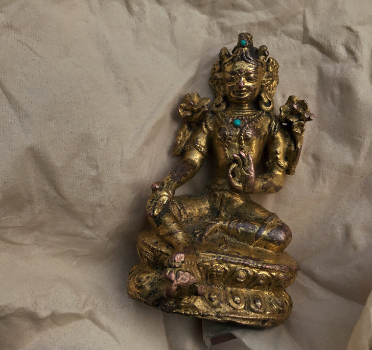 【藏传 明代15世纪铜鎏金绿度母佛像 造像】