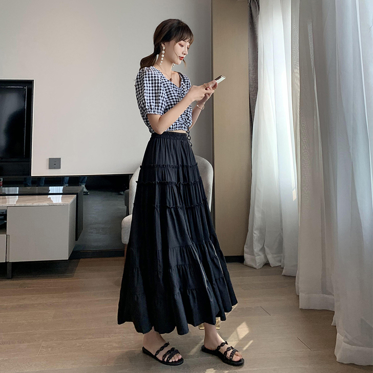 黑色赫本风中长款蛋糕裙2020夏季新款女A...