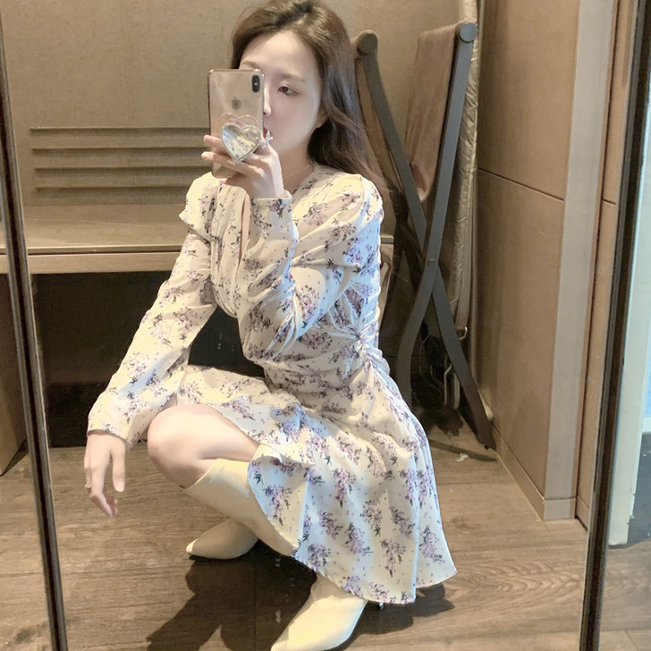 复古碎花连衣裙2020年秋季新款抽绳显瘦荷...
