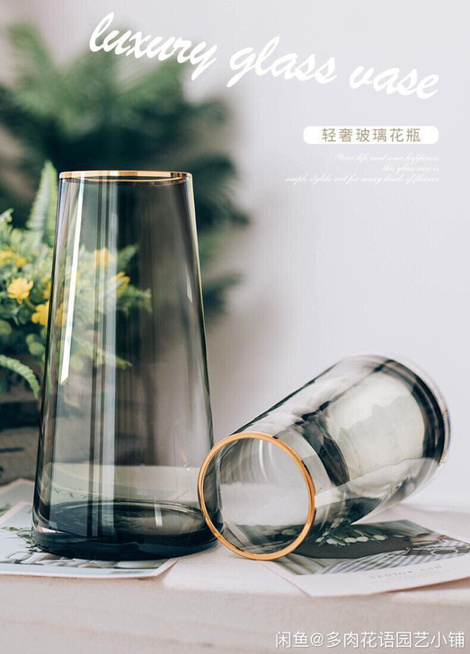 包邮轻奢简约描金玻璃花瓶客厅插花透明玻璃北...