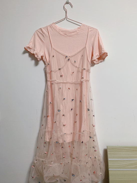 ONE MORE夏装新款两件套网纱连衣裙#...