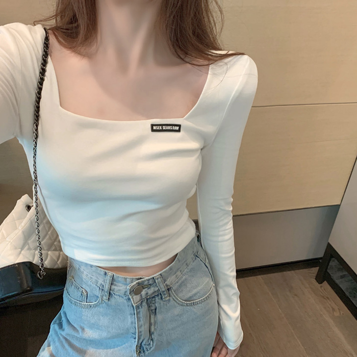 网红ins超火法式复古方领T恤女长袖秋冬显...