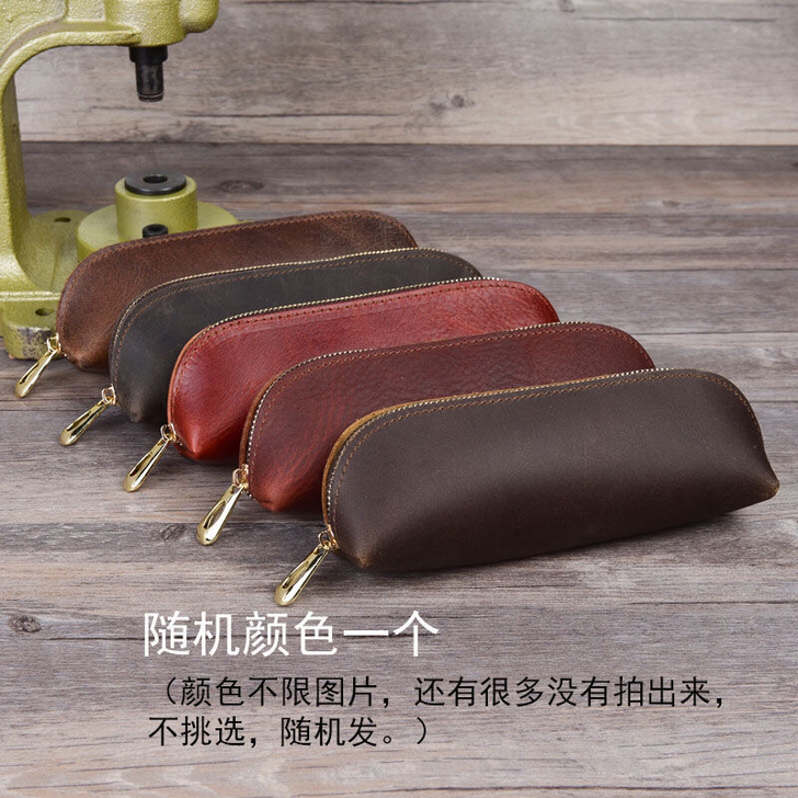 疯马皮拉链笔袋复古手工头层牛皮笔盒简约真皮...