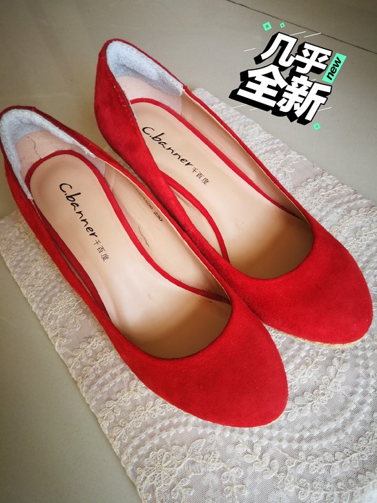 千百度磨砂牛皮绒面单鞋红色坡跟舒适36码跟...