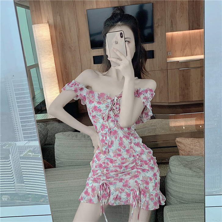 一字肩碎花雪纺连衣裙女2021韩版ins荷...