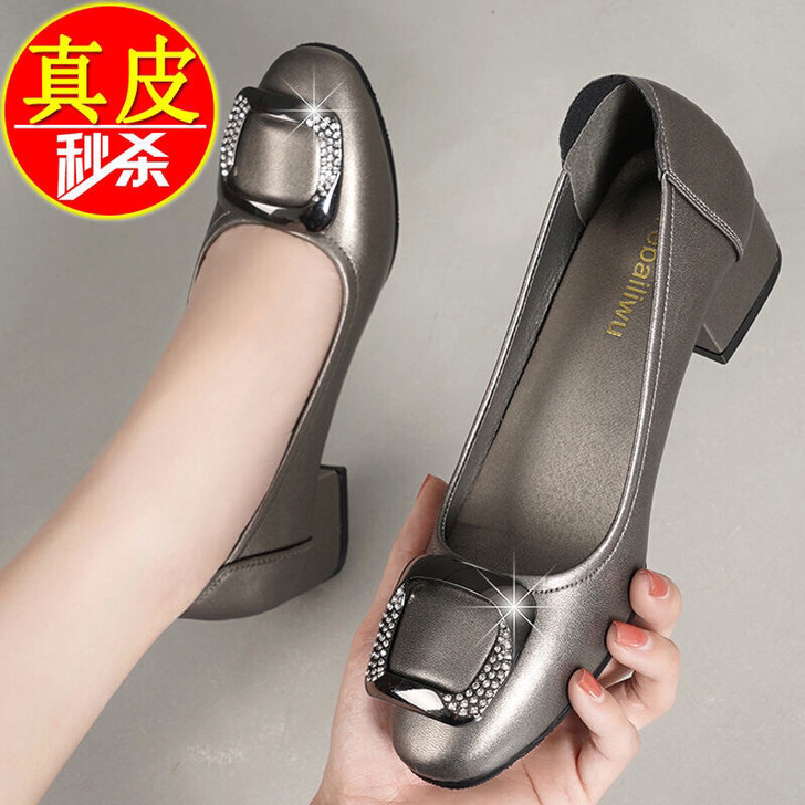 达芙昵真软皮粗跟单鞋女2021春夏新款中跟...