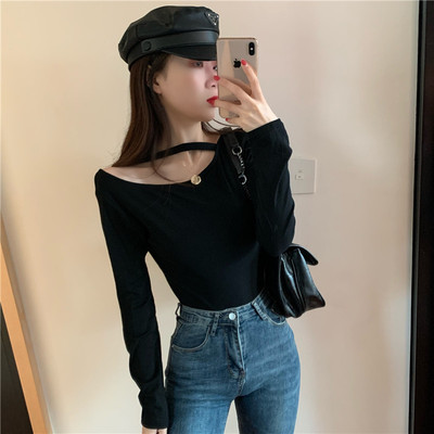秋装港味女装新款设计感性感挂脖修身长袖锁骨...