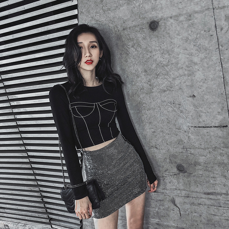 张大宝 黑色性感紧身打底衫女2019新款虚...