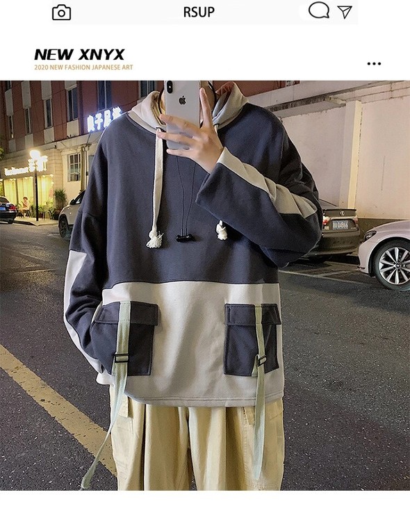 秋新款ins港风潮牌连帽拼色卫衣男韩版潮流...