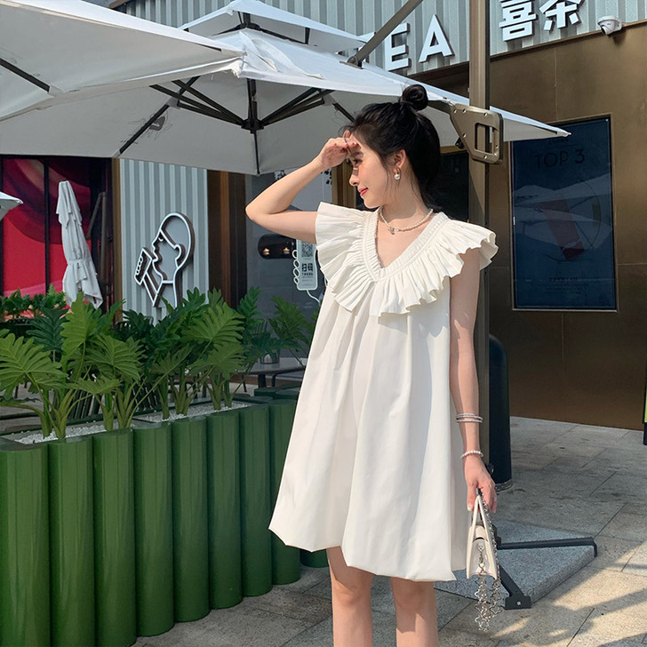 炒鱼姐姐 仙女压褶小飞领花苞裙可爱A字连衣...