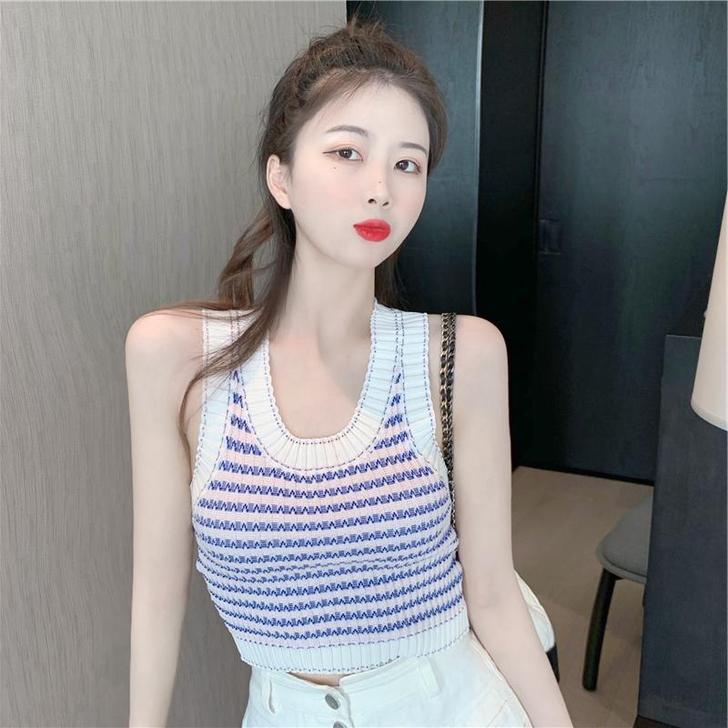 轻熟风针织撞色小背心2021夏季新款性感蓝...