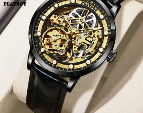 playboy全自动机械时尚表皮带防水镂空...