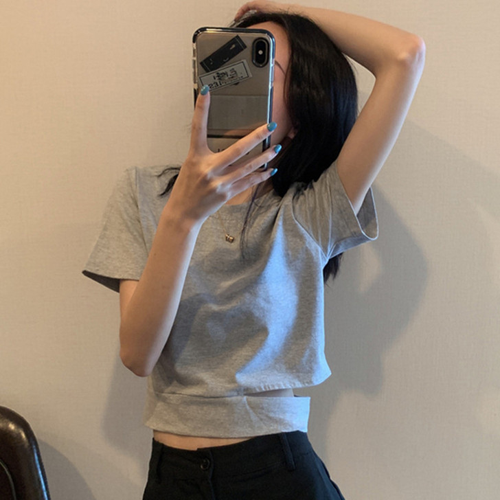 2021夏季小众心机设计感开叉短袖T恤女i...