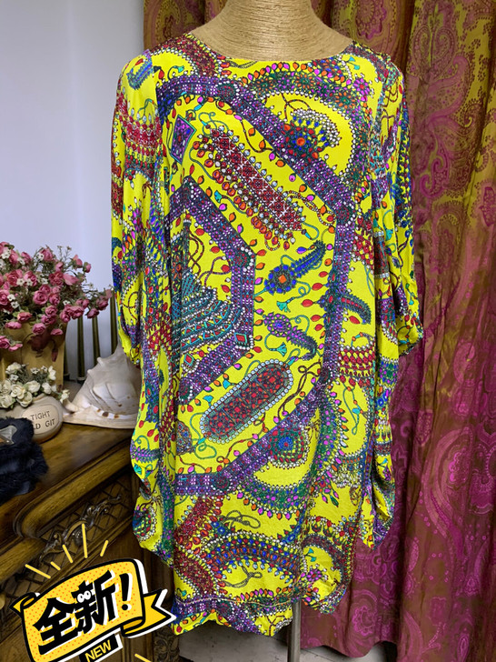 〖全新〗印花真丝双绉羊蹄袖明拉链连衣裙