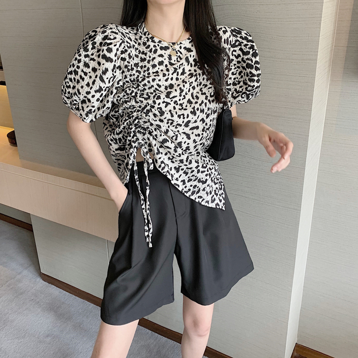 2021夏季女装韩版复古豹纹抽绳褶皱T恤女...