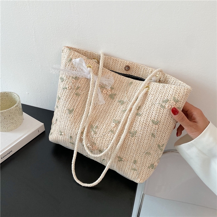 夏季小清新复古森系少女百搭草编包包新款潮时...