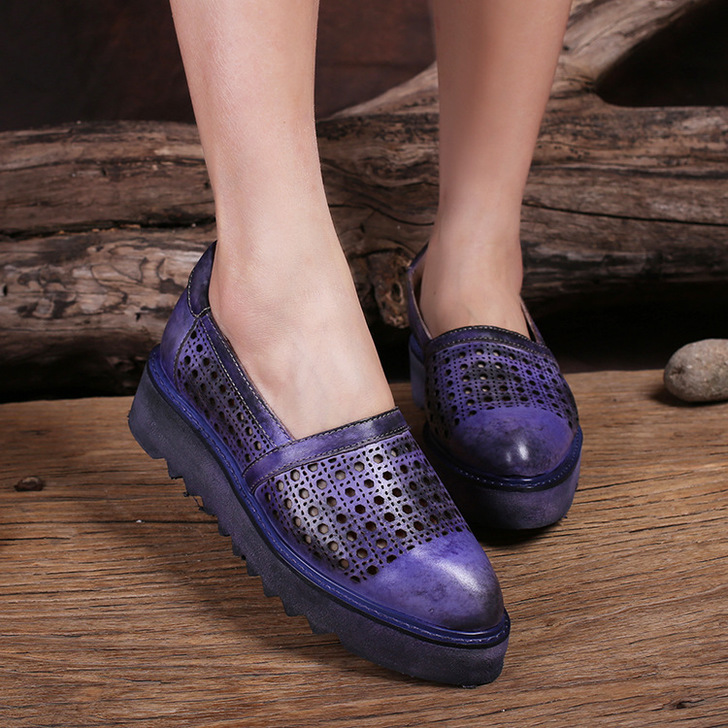 原创真皮手工鞋镂空洞洞单鞋厚底坡跟鞋复古擦...