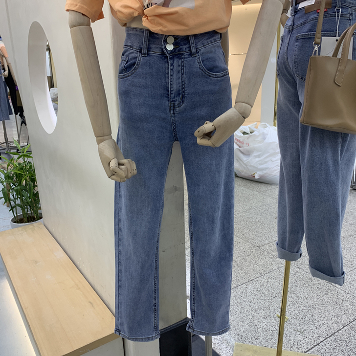 2021夏季新款两粒扣中高腰直筒小脚牛仔裤...